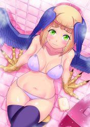 Rule 34 | 12 beast, absurdres, aero (12 beast), ahoge, animal hands, artist request, bikini, blue feathers, blue thighhighs, blue wings, claws, feathered wings, feathers, from above, green eyes, head wings, highres, indoors, looking at viewer, navel, purple thighhighs, short hair, sitting, soap, solo, sweatdrop, swimsuit, thigh gap, thighhighs, wavy mouth, white bikini, wings, yellow scales
