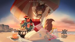 1girl absurdres angelina_(arknights) angelina_(summer_flower)_(arknights) animal_ears arknights arms_behind_head arms_up bahao_diqiu beach beach_umbrella black_choker blush breasts brown_hair choker closed_mouth commentary cup drinking_straw flower food fox_ears fox_girl fox_tail full_body hair_ornament highres infection_monitor_(arknights) jewelry large_breasts long_hair looking_at_viewer necklace official_alternate_costume one-piece_swimsuit orange_eyes outdoors plate red_flower red_one-piece_swimsuit sandals sandwich seiza sitting smile solo sweat swimsuit swimsuit_cover-up tail thigh_strap tropical_drink twilight umbrella white_footwear