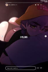 1girl ass ass_focus bed braid english_text fortnite green_eyes hat highres lilatole looking_at_viewer lying mae_(fortnite) mole mole_on_ass on_bed on_stomach panties pillow purple_hair shirt solo underwear
