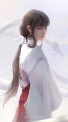 Rule 34 | 1girl, absurdres, artist name, brown hair, dcchris, closed eyes, from side, highres, inuyasha, japanese clothes, kikyou (inuyasha), lips, long hair, miko, painterly, realistic, solo, wide sleeves