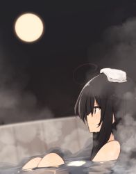 Rule 34 | 1girl, ahoge, blurry, blurry background, blush, brown eyes, brown hair, closed mouth, commentary request, depth of field, dutch angle, fence, full moon, hair between eyes, long hair, looking away, moon, natsuki teru, night, night sky, nude, onsen, original, partially submerged, profile, rock, shikibe ayaka, sky, smile, solo, steam, towel, towel on head, water, wet
