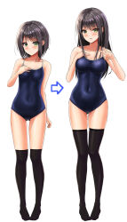 Rule 34 | 2girls, age progression, arrow (symbol), before and after, black hair, black one-piece swimsuit, black thighhighs, commentary request, competition school swimsuit, full body, green eyes, highres, long hair, multiple girls, one-piece swimsuit, original, school swimsuit, short hair, swimsuit, thighhighs, thighs, yukemuriganmo
