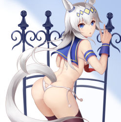 Rule 34 | 1girl, ahoge, animal ears, ass, bare shoulders, bikini, blue eyes, blue sailor collar, blush, breasts, brown thighhighs, commentary request, from behind, grey hair, hair between eyes, hand up, highres, horse ears, horse girl, horse tail, index finger raised, long hair, looking at viewer, looking back, medium breasts, multicolored hair, oguri cap (umamusume), parted lips, sailor collar, side-tie bikini bottom, solo, string bikini, swimsuit, tail, taka (takahirokun), thighhighs, two-tone hair, umamusume, very long hair, white bikini, wrist cuffs