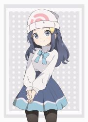 Rule 34 | 1girl, alternate costume, beanie, black hair, blue ribbon, blue skirt, chocomiru, creatures (company), dawn (pokemon), game freak, hair ornament, hairclip, hat, highres, looking at viewer, nintendo, own hands clasped, own hands together, pantyhose, pokemon, pokemon dppt, ribbon, skirt, smile, solo, sweater, sweater tucked in, turtleneck, turtleneck sweater, white heart (neptunia), white sweater