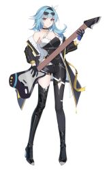 Rule 34 | 1girl, absurdres, alternate costume, asymmetrical clothes, bare shoulders, black coat, black footwear, black gloves, black hairband, black pants, blue hair, boots, breasts, cleavage, coat, commentary request, electric guitar, eula (genshin impact), eyewear on head, full body, genshin impact, gloves, guitar, hairband, high heel boots, high heels, highres, holding, holding instrument, instrument, ironmarch, leggings, long hair, looking at viewer, medium breasts, off shoulder, pants, simple background, single pantsleg, smile, solo, standing, sunglasses, white background, yellow eyes
