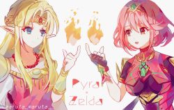 Rule 34 | 2girls, black gloves, blonde hair, blue eyes, breasts, chest jewel, crossover, earrings, fingerless gloves, fire, gloves, headpiece, highres, jewelry, large breasts, magic, maruta maruta, multiple girls, nintendo, pointy ears, princess zelda, pyra (xenoblade), red eyes, red hair, short hair, super smash bros., swept bangs, the legend of zelda, the legend of zelda: a link between worlds, tiara, xenoblade chronicles (series), xenoblade chronicles 2
