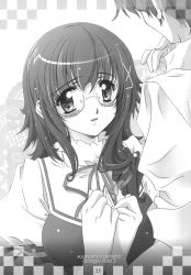 Rule 34 | 1boy, 1girl, adagio solo 3 innocence, anata ni mune ippai, artist name, blunt bangs, blush, breasts, clenched hands, couple, dress shirt, embarrassed, fingernails, g- factory, glasses, greyscale, hair ornament, hair ribbon, hairclip, hand on own chin, height difference, hetero, highres, lace, lace background, large breasts, lipstick, long fingernails, looking at another, makeup, monochrome, official art, open mouth, own hands together, page number, parted lips, puffy sleeves, ribbon, scan, school uniform, shirt, short hair, short sleeves, sidelocks, sleeves rolled up, solo focus, stroking own chin, sugiyama genshou, tress ribbon, turtleneck, upper body, wavy hair