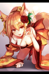 Rule 34 | 1girl, all fours, animal ears, bare shoulders, blonde hair, breasts, cleavage, collarbone, eyebrows, floral print, flower, fox ears, fox shadow puppet, fox tail, hair between eyes, hair flower, hair ornament, hair stick, japanese clothes, kimono, letterboxed, long sleeves, looking at viewer, medium breasts, nakaichi (ridil), no bra, off shoulder, open mouth, original, red eyes, sidelocks, solo, tail, wide sleeves, yuujo