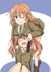 Rule 34 | 2girls, blue eyes, blush, breast rest, breasts, breasts on head, charlotte e. yeager, francie gerard, kuronyan, medium breasts, military, military uniform, multiple girls, necktie, one eye closed, open mouth, orange hair, smile, soda, strike witches, strike witches: katayoku no majo-tachi, twintails, uniform, wink, world witches series