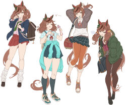 Rule 34 | 1girl, = =, alternate costume, alternate hairstyle, animal ears, arms up, backpack, bag, black footwear, blazer, blue jacket, blue shirt, blush, bow, bowtie, bracelet, breasts, breath, brown footwear, brown hair, brown pantyhose, brown skirt, cleavage, closed eyes, clothes around waist, coat, collared shirt, drooling, duffel bag, ear covers, green necktie, green skirt, hair down, hair ornament, hair scrunchie, hair tie, hair tie in mouth, hairclip, hand fan, handheld electric fan, holding, holding fan, horse ears, horse girl, horse tail, jacket, jewelry, loafers, long sleeves, looking at viewer, loose socks, medium hair, miniskirt, mouth drool, mouth hold, multicolored hair, multiple views, neck ribbon, necktie, nice nature (umamusume), open clothes, open coat, open jacket, open mouth, orange pants, pants, pantyhose, pink shirt, pleated skirt, ponytail, red bow, red bowtie, red skirt, ribbon, school bag, scrunchie, shirt, shoes, short sleeves, shoulder bag, skirt, small breasts, smile, sneakers, socks, standing, streaked hair, sweater, tail, teeth hold, twintails, tying hair, umamusume, white background, white shirt, white socks, yatsuka (846), yellow eyes