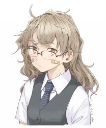 Rule 34 | 1girl, bandaid, bandaid on cheek, bandaid on face, black vest, blue necktie, brown hair, closed mouth, dated, glasses, kawashina (momen silicon), looking at viewer, messy hair, necktie, original, self-portrait, shirt, short sleeves, signature, simple background, solo, striped necktie, striped neckwear, upper body, vest, white background, white shirt, yellow eyes