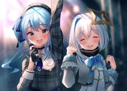 Rule 34 | 2girls, absurdres, amane kanata, arm up, beret, black gloves, black shirt, blue bow, blue eyes, blue hair, blue ribbon, blurry, blurry background, blush, bow, choker, closed eyes, collared shirt, colored inner hair, commentary request, crying, crying with eyes open, dress, gloves, grey headwear, hair between eyes, hair intakes, hair ornament, halo, hand up, hands up, happy tears, hat, high collar, highres, holding, holding microphone, hololive, hoshimachi suisei, hoshimachi suisei (1st costume), idol, jacket, light beam, long sleeves, looking at viewer, medium hair, microphone, multicolored hair, multiple girls, music, neck ribbon, open mouth, partially fingerless gloves, pink hair, plaid, plaid headwear, plaid jacket, ribbon, sailor collar, senriyama, shirt, short dress, short hair, side ponytail, silver hair, singing, smile, stage, stage lights, star (symbol), streaked hair, tears, teeth, turtleneck, turtleneck dress, upper body, upper teeth only, virtual youtuber, white jacket, white sailor collar, white shirt, wide sleeves, wrist cuffs