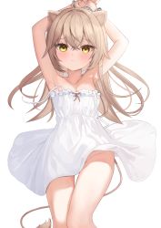 Rule 34 | 1girl, animal ears, armpits, arms up, bare legs, blush, collarbone, cuffs, dress, handcuffs, highres, indie virtual youtuber, light brown hair, lion ears, lion girl, lion tail, long hair, presenting armpit, rurudo lion, rurudo lion (1st costume), simple background, solo, strap slip, sundress, tail, virtual youtuber, white background, yellow eyes, yuutii