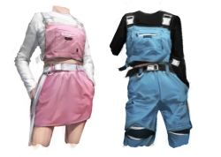 Rule 34 | 2girls, belt, black belt, black shirt, breasts, clothes, cropped arms, cropped legs, denim, hands in pocket, headless, long sleeves, multiple girls, original, overall shorts, overalls, pink skirt, puhaaang, shirt, skirt, small breasts, white background, white shirt