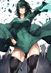 Rule 34 | 1girl, black hair, black thighhighs, breasts, bulge, chain necklace, clothes lift, covered erect nipples, covered navel, dress, dress lift, floating clothes, floating rock, fubuki (one-punch man), glowing, glowing hand, green dress, green eyes, hand on own hip, high collar, highres, jewelry, medium breasts, medium hair, messy hair, necklace, no bra, one-punch man, solo focus, taut clothes, taut dress, telekinesis, thick thighs, thighhighs, thighs, yoshio (55level)
