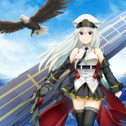Rule 34 | 1girl, azur lane, bald eagle, belt, bird, black belt, black coat, black necktie, black skirt, black thighhighs, bow (weapon), chiyosuke (chysk hm), cloud, cloudy sky, coat, collared shirt, commentary request, day, deck, eagle, enterprise (azur lane), hair between eyes, hat, highres, holding, looking at viewer, military, miniskirt, necktie, ocean, open clothes, open coat, peaked cap, pleated skirt, purple eyes, shirt, silver hair, skirt, sky, sleeveless, sleeveless shirt, smile, solo, standing, thighhighs, underbust, weapon, white hat, zettai ryouiki