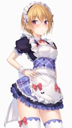 Rule 34 | 1girl, alternate costume, apron, blonde hair, blush, bow, bowtie, breasts, buttons, collared dress, commentary request, cowboy shot, dress, enmaided, frilled cuffs, frills, hand on own hip, highres, idolmaster, idolmaster shiny colors, maid, maid apron, maid headdress, medium breasts, puffy short sleeves, puffy sleeves, purple eyes, saijo juri, shindou tsurami, short hair, short sleeves, simple background, solo, thighhighs, white background, wrist cuffs, zettai ryouiki