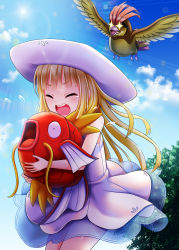 Rule 34 | absurdres, bare shoulders, blonde hair, bluebird (bluebird90), blunt bangs, blush, closed eyes, commentary request, creatures (company), crying, day, dress, drooling, game freak, gen 1 pokemon, hat, highres, hug, hungry, lillie (pokemon), long hair, magikarp, magikarp jump, nintendo, open mouth, outdoors, pidgeotto, pokemon, pokemon (creature), pokemon magikarp jump, pokemon sm, protecting, see-through, sky, sparkling eyes, sun hat, sunlight, tears, tree