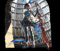 Rule 34 | 1girl, alice (sinoalice), bad id, bad twitter id, belt, black gloves, black hair, black thighhighs, blue hair, body markings, book, bookshelf, buckle, choker, dress, dual wielding, dutch angle, gloves, glowing, glowing eyes, hairband, hanazome march, highres, holding, holding sword, holding weapon, multicolored hair, petticoat, puffy short sleeves, puffy sleeves, red eyes, short hair, short sleeves, sinoalice, solo, spoilers, sword, tail, thighhighs, torn clothes, torn thighhighs, two-tone hair, weapon, zettai ryouiki