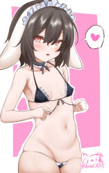 Rule 34 | animal ears, bikini, black bikini, black hair, blush, breasts, cleavage, commentary, cowboy shot, heart, inaba tewi, looking at viewer, maid headdress, micro bikini, midriff, navel, open mouth, outline, pink background, rabbit ears, rabbit girl, red eyes, short hair, signature, small breasts, solo, spoken heart, standing, swimsuit, touhou, twitter username, usaka ray, white outline