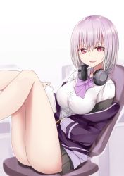 Rule 34 | 10s, 1girl, :d, black skirt, bow, breasts, chair, commentary request, gridman universe, hair between eyes, headphones, headphones around neck, highres, jacket, large breasts, legs up, long sleeves, looking at viewer, miniskirt, off shoulder, on chair, open mouth, piripun, pleated skirt, purple bow, purple hair, purple jacket, red eyes, shinjou akane, shirt, short hair, sitting, skirt, smile, solo, spread legs, ssss.gridman, white background, white shirt