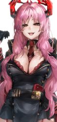 Rule 34 | 1girl, :d, absurdres, belt, blue archive, bra, breasts, cleavage, collarbone, detached collar, fangs, gloves, highres, horns, kanniiepan, lace, lace-trimmed bra, lace trim, large breasts, long hair, necktie, open mouth, orange eyes, pink hair, red bra, red garter straps, red necktie, satsuki (blue archive), simple background, smile, solo, teeth, underwear, white background