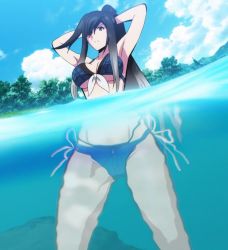 Rule 34 | 1girl, arm behind head, bikini, black hair, closed mouth, day, female focus, front-tie bikini top, front-tie top, hair ornament, keijo!!!!!!!!, kyoko shirayuki, multicolored hair, outdoors, ponytail, scenery, side-tie bikini bottom, solo, standing, stitched, swimsuit, third-party edit, two-tone hair
