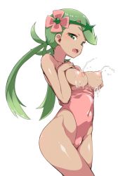 Rule 34 | 1girl, bad id, bad twitter id, bare shoulders, blush, breasts, breasts out, cameltoe, cleft of venus, clothes pull, covered navel, cowboy shot, creatures (company), dark-skinned female, dark skin, flower, game freak, green eyes, green hair, groin, hair flower, hair ornament, higher resolution available, highleg, highleg swimsuit, lactation, long hair, looking at viewer, mallow (pokemon), medium breasts, nintendo, nipples, one-piece swimsuit, one-piece swimsuit pull, open mouth, pink one-piece swimsuit, pokemon, pokemon sm, puffy nipples, shiny skin, simple background, solo, swimsuit, teeth, thighs, twintails, white background, zootan