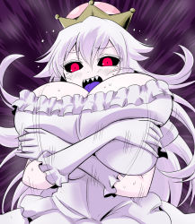 Rule 34 | 1girl, black sclera, breast hold, breast press, breasts, colored sclera, crown, dress, frilled dress, frilled gloves, frills, gloves, huge breasts, long hair, looking at viewer, luigi&#039;s mansion, mario (series), new super mario bros. u deluxe, nintendo, oro (zetsubou girl), princess king boo, red eyes, silver hair, solo, super crown, sweat, teeth, tongue, tongue out, very long hair, white gloves