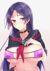 Rule 34 | 1girl, bad id, bad twitter id, bikini, bikini under clothes, black sailor collar, black shirt, blush, breasts, brown background, clothes lift, commentary request, eyepatch bikini, fate/grand order, fate (series), fingernails, forehead, gradient background, grey background, hand on own chest, hand up, highres, huge breasts, looking at viewer, minamoto no raikou (fate), minamoto no raikou (swimsuit lancer) (second ascension) (fate), neckerchief, parted bangs, parted lips, purple bikini, purple eyes, purple hair, red neckerchief, sailor collar, school uniform, serafuku, shirt, shirt lift, skindentation, solo, swimsuit, tomozero