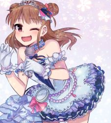 Rule 34 | 10s, 1girl, ;d, blush, bow, brown hair, clock, double bun, dress, flower (symbol), gloves, idolmaster, idolmaster cinderella girls, idolmaster cinderella girls starlight stage, microphone, munakata atsumi, musical note, one eye closed, open mouth, pink eyes, pocket watch, quaver, smile, solo, strapless, strapless dress, tiara, treble clef, usameruti, watch