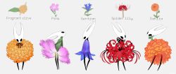Rule 34 | arizuka (catacombe), black ribbon, blue flower, bow, bowtie, cloak, commentary request, contrapposto, creature, dahlia (flower), dress, flower, gentiana (flower), green cloak, grey background, highres, hollow knight, hornet (hollow knight), looking at viewer, looking back, looking to the side, looking up, neck ribbon, orange flower, orange ribbon, pink flower, profile, red dress, ribbon, short sleeves, simple background, spider lily, standing, striped bow, striped bowtie, striped clothes, striped ribbon
