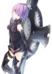 Rule 34 | 1girl, armor, armored dress, bare shoulders, black thighhighs, breasts, cowboy shot, elbow gloves, fate/grand order, fate (series), gloves, highres, keid, light purple hair, looking at viewer, mash kyrielight, parted lips, purple eyes, shield, short hair, small breasts, solo, thighhighs