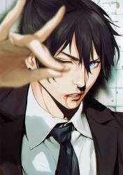 Rule 34 | 1boy, black hair, black jacket, black necktie, blood, blood from mouth, blood on clothes, blood on face, blue eyes, blurry, blurry foreground, chainsaw man, collared shirt, formal, fox shadow puppet, hayakawa aki, highres, jacket, looking at viewer, necktie, one eye closed, parted lips, shirt, short hair, solo, spykeee, suit, suit jacket, topknot, twitter username, white shirt