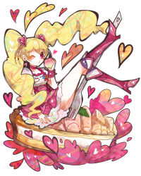 Rule 34 | 00s, 1girl, blonde hair, boots, cake, choker, cure peach, dress, earrings, food, fresh precure!, fruit, hair ornament, heart, heart hair ornament, itomugi-kun, jewelry, knee boots, long hair, magical girl, momozono love, name connection, object namesake, one eye closed, peach, pink eyes, pink footwear, precure, smile, solo, twintails, wink