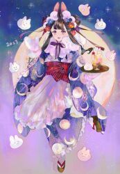 Rule 34 | 1girl, 2023, animal ears, apron, black eyes, black footwear, black hair, blue kimono, cherry, chinese zodiac, commentary, crescent, cup, double bun, drinking glass, food, frilled apron, frilled sleeves, frills, fruit, full body, full moon, fur scarf, furisode, hair bun, highres, holding, holding tray, jamu (yakinikuoi4), japanese clothes, kimono, leg up, long hair, long sleeves, looking at viewer, mittens, moon, moon print, new year, night, night sky, obi, open mouth, original, print kimono, rabbit, rabbit ears, sandals, sash, sky, smile, socks, solo, standing, standing on one leg, star (sky), starry sky, tabi, tray, white apron, white mittens, white socks, wide sleeves, wine glass, year of the rabbit