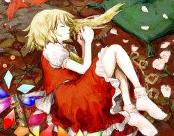 Rule 34 | 1girl, blonde hair, female focus, flandre scarlet, flower, from above, from side, full body, indoors, marble (toy), poncho (poncho), ponytail, short hair, short hair with long locks, sleeping, socks, solo, touhou, white socks, wings