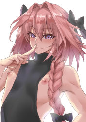 Rule 34 | 1boy, astolfo (fate), bad id, bad pixiv id, bare shoulders, bow, braid, fang, fang out, fate/apocrypha, fate (series), hair between eyes, hair bow, hair intakes, highres, long hair, looking at viewer, male focus, nipples, non (nonzile), pink hair, purple eyes, simple background, smile, solo, trap, white background