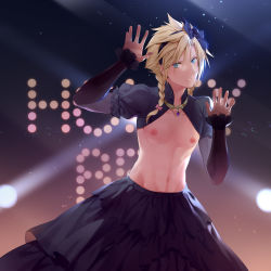 Rule 34 | 1boy, asymmetrical bangs, blonde hair, blue bow, blue dress, blue eyes, bow, braid, cloud strife, commentary request, cowboy shot, crossdressing, dress, final fantasy, final fantasy vii, final fantasy vii remake, hair bow, hairband, hands up, highres, hmniao, honey bee inn, jewelry, long hair, looking at viewer, male focus, navel, necklace, nipples, parted lips, partially undressed, pectorals, puffy short sleeves, puffy sleeves, short sleeves, shrug (clothing), sidelocks, solo, spiked hair, spotlight, toned, toned male, twin braids, wall market