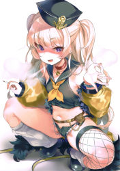 Rule 34 | 1girl, :d, absurdres, azur lane, bache (azur lane), banknote, bare shoulders, belt, black footwear, black hat, black sailor collar, black shirt, black skirt, blonde hair, chain, cigarette, collar, collarbone, crop top, cutoffs, denim, denim shorts, dollar bill, fang, fishnet thighhighs, fishnets, flat chest, fur-trimmed jacket, fur trim, hand up, hat, highres, holding, holding cigarette, jacket, long hair, long sleeves, looking at viewer, loose socks, micro shorts, midriff, mirei, money, navel, neckerchief, off shoulder, ok sign, open clothes, open fly, open mouth, pouch, purple eyes, red collar, sailor collar, sailor hat, sailor shirt, scan, scan artifacts, shirt, shoe soles, shoes, shorts, single thighhigh, skirt, sleeveless, sleeveless shirt, smile, smoke, smoking, socks, solo, spread legs, squatting, thick eyebrows, thighhighs, thighs, tongue, two side up, unzipped, utility belt, very long hair, white background, wristband, yellow jacket, yellow neckerchief, zipper