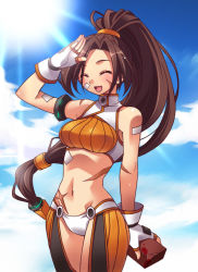 Rule 34 | 00s, 1girl, bandaid, blood, brawler (dungeon and fighter), breasts, brick, brown hair, dungeon and fighter, closed eyes, female focus, fighter (dungeon and fighter), fingerless gloves, gloves, katsuma rei, long hair, midriff, navel, open mouth, outdoors, ponytail, scar, sky, smile, solo, very long hair