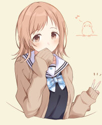 Rule 34 | 1girl, bird, black shirt, blue bow, blue bowtie, blush, bow, bowtie, breasts, brown cardigan, brown eyes, cardigan, chick, collarbone, covered mouth, dot nose, hal ogura, idolmaster, idolmaster shiny colors, idolmaster shiny colors song for prism, large breasts, light brown background, light brown hair, long sleeves, looking at viewer, medium hair, musical note, open cardigan, open clothes, plaid, plaid bow, plaid bowtie, sailor collar, sakuragi mano, school uniform, shirt, sleeves past fingers, sleeves past wrists, solo, upper body, v, white sailor collar
