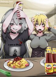 absurdres black_choker black_shirt blonde_hair choker cross fate/grand_order fate_(series) food grey_hair highres jamshrimpy jeanne_d&#039;arc_(fate) jeanne_d&#039;arc_alter_(avenger)_(fate) jeanne_d&#039;arc_alter_(fate) ketchup lettuce meme original pasta philippines self-upload shirt shocked_black_guy_(meme) smug spaghetti surprised ufc_(food_brand) wide-eyed