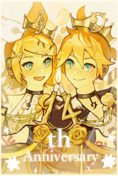 Rule 34 | 1boy, 1girl, anniversary, bass clef, blonde hair, blue eyes, bow, candle, choker, closed mouth, clothing cutout, crown, english text, eyebrows hidden by hair, flipped hair, flower, hair between eyes, hair bow, highres, kagamine len, kagamine rin, kagamine rin/len happy 14th birthday, looking at object, looking away, nunosei, official alternate costume, open mouth, orange bow, parted bangs, rose, shirt, short hair, short ponytail, sleeveless, sleeveless shirt, smile, star (symbol), star in eye, stomach cutout, symbol in eye, treble clef, two-tone bow, upper body, vocaloid, white bow, yellow flower, yellow rose, yellow theme