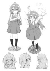 Rule 34 | 1girl, :d, absurdres, ahoge, amemiya sekira, arms up, bag, blush, closed mouth, collared shirt, commentary request, dress, glasses, greyscale, hair between eyes, highres, kneehighs, loafers, long hair, long sleeves, monochrome, multiple views, open mouth, original, parted lips, pinafore dress, pleated dress, profile, school bag, sekira ame, shirt, shoes, sketch, sleeveless dress, smile, socks, translation request, two side up, very long hair