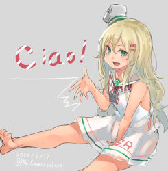 Rule 34 | 1girl, blonde hair, blue eyes, commentary request, dress, fang, grecale (kancolle), grey background, hat, kantai collection, long hair, looking at viewer, low-cut armhole, mini hat, one-hour drawing challenge, ribbon, sailor collar, sailor dress, side-tie dress, simple background, sitting, sleeveless, sleeveless dress, solo, sunday aki, tan, wavy hair, white dress, white ribbon, white sailor collar