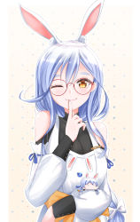 Rule 34 | 2girls, absurdres, animal ear fluff, animal ears, apron, bespectacled, black shirt, blue hair, border, bow, braid, brown eyes, character doll, clothing cutout, detached sleeves, eyelashes, finger to mouth, fingernails, glasses, hair bow, heart, highres, hololive, lace-trimmed collar, lace trim, lips, long hair, looking at viewer, mature female, multicolored hair, multiple girls, one eye closed, p ion, pekomama, rabbit ears, rabbit girl, red-framed eyewear, ringlets, shirt, shoulder cutout, smile, solo focus, sparkle background, spoken heart, two-tone hair, usada pekora, very long hair, virtual youtuber, white border, yellow background