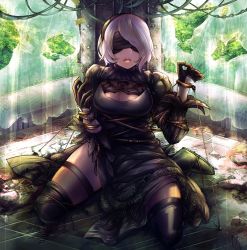 Rule 34 | 1girl, black dress, black gloves, black thighhighs, blindfold, breasts, cleavage, cleavage cutout, clothing cutout, cuffs, dress, full body, gloves, hairband, kneeling, large breasts, long sleeves, looking at viewer, masayoshi, mole, mole under mouth, nier (series), nier:automata, open mouth, restrained, shackles, short hair, silver hair, solo, thighhighs, 2b (nier:automata)