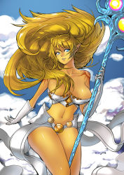 Rule 34 | 1girl, blonde hair, blue eyes, breasts, bustier, butcherboy, cleavage, cloud, day, gloves, janna (league of legends), large breasts, league of legends, long hair, midriff, navel, pointy ears, shiny skin, sky, smile, solo, staff, white gloves
