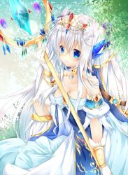 Rule 34 | 1girl, bad id, bad pixiv id, bare shoulders, blue dress, blue eyes, breasts, cape, choker, cleavage, collarbone, dress, elbow gloves, gloves, hair ornament, jewelry, kazato fuuchi, kazeshiro kazeto, layered dress, long hair, lots of jewelry, original, pendant, polearm, short sleeves, silver hair, solo, staff, tear canon, tiara, very long hair, weapon, white dress, white gloves